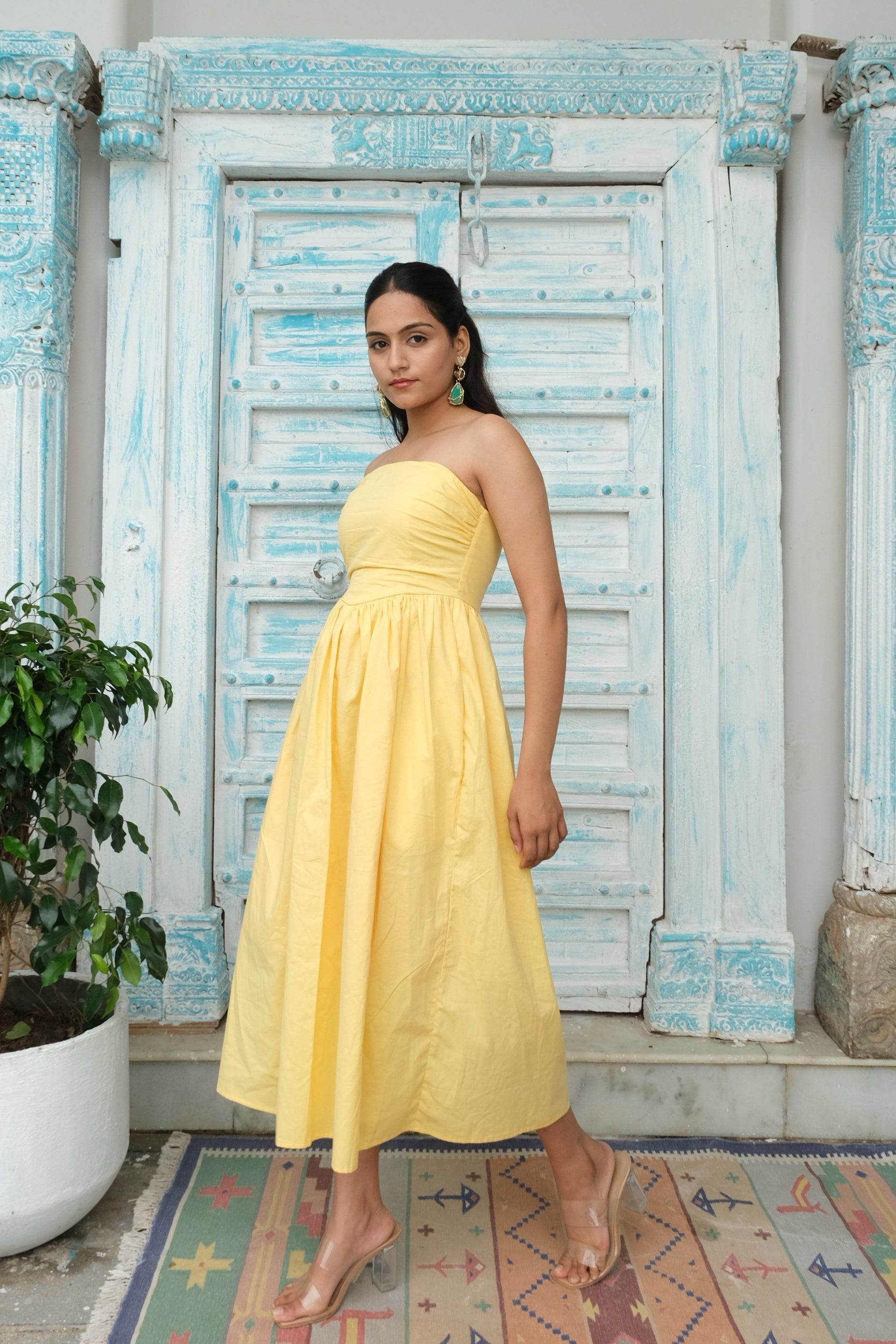 Butter Yellow Strapless Tube Dress for Women | Corset Back | SilayiBazi Butter Yellow Strapless Tube Dress for Women | Corset Back | SilayiBazi
