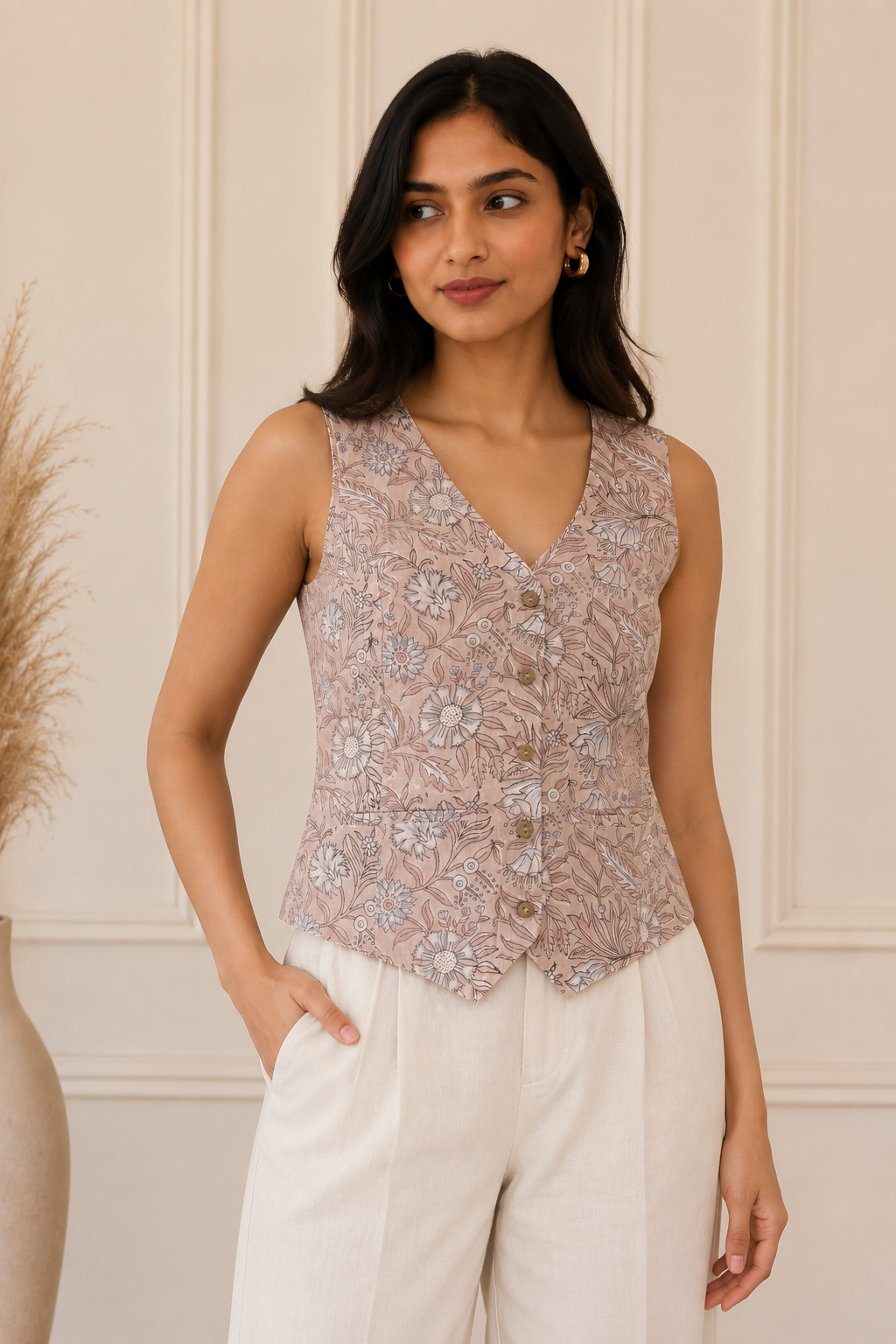 A woman wearing a sleeveless V-neck vest with a dusty pink and beige floral paisley pattern, paired with white trousers, standing in front of a cream paneled wall.