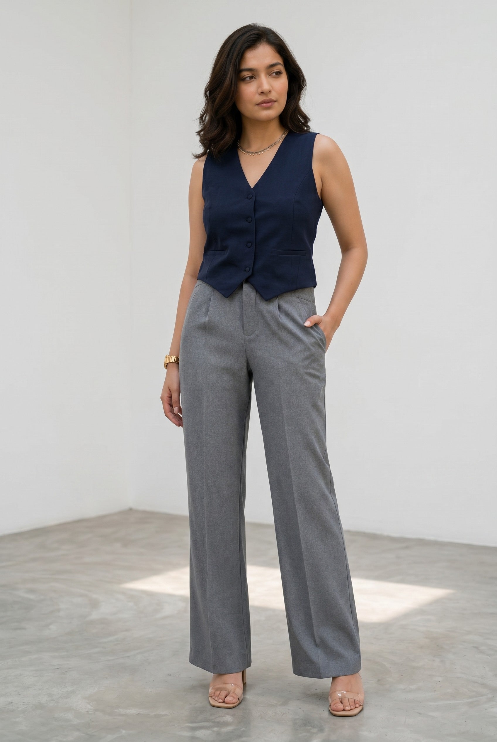 Pleated High-Rise Pants (Grey)