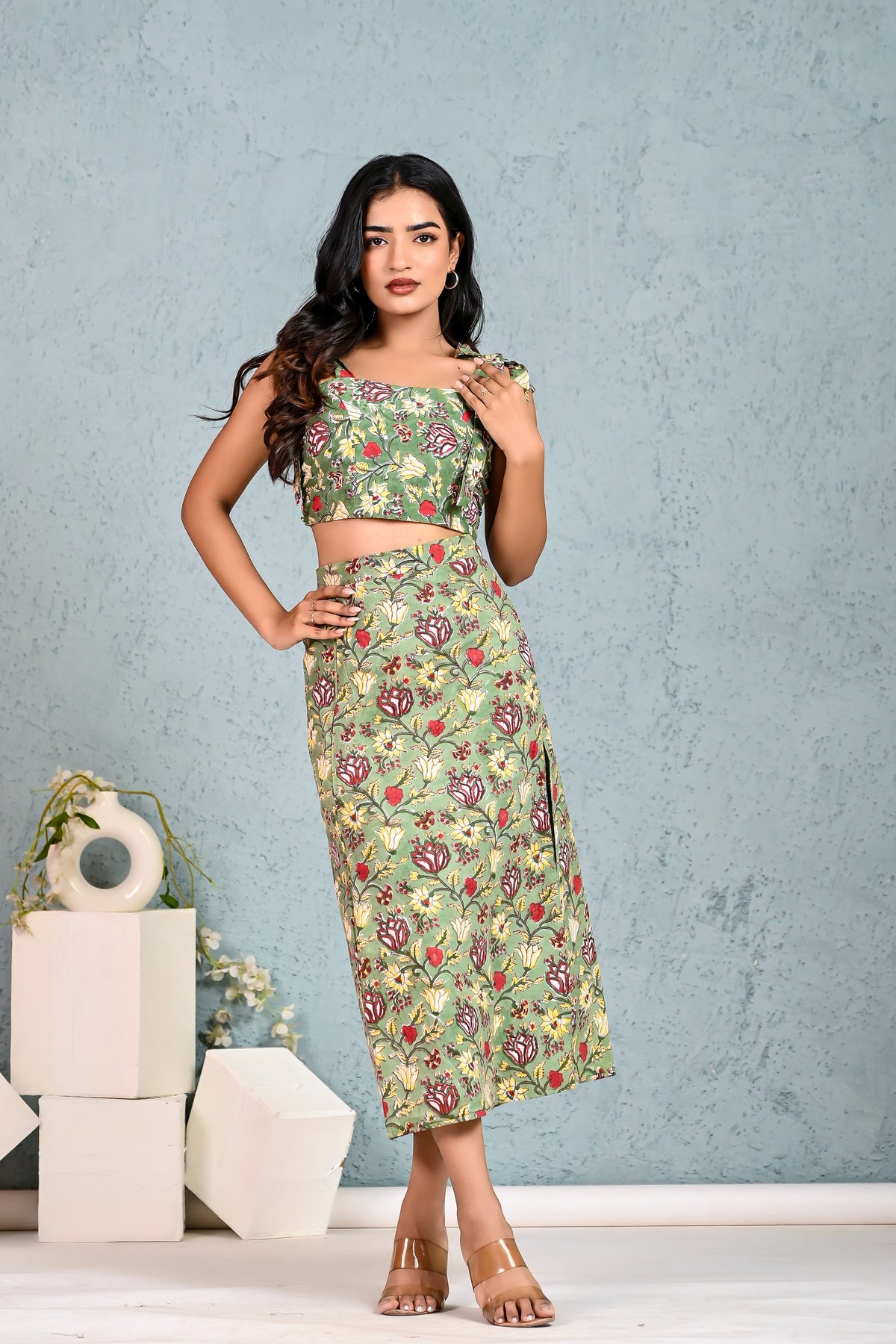 Slit Skirt Co-ord (Green)