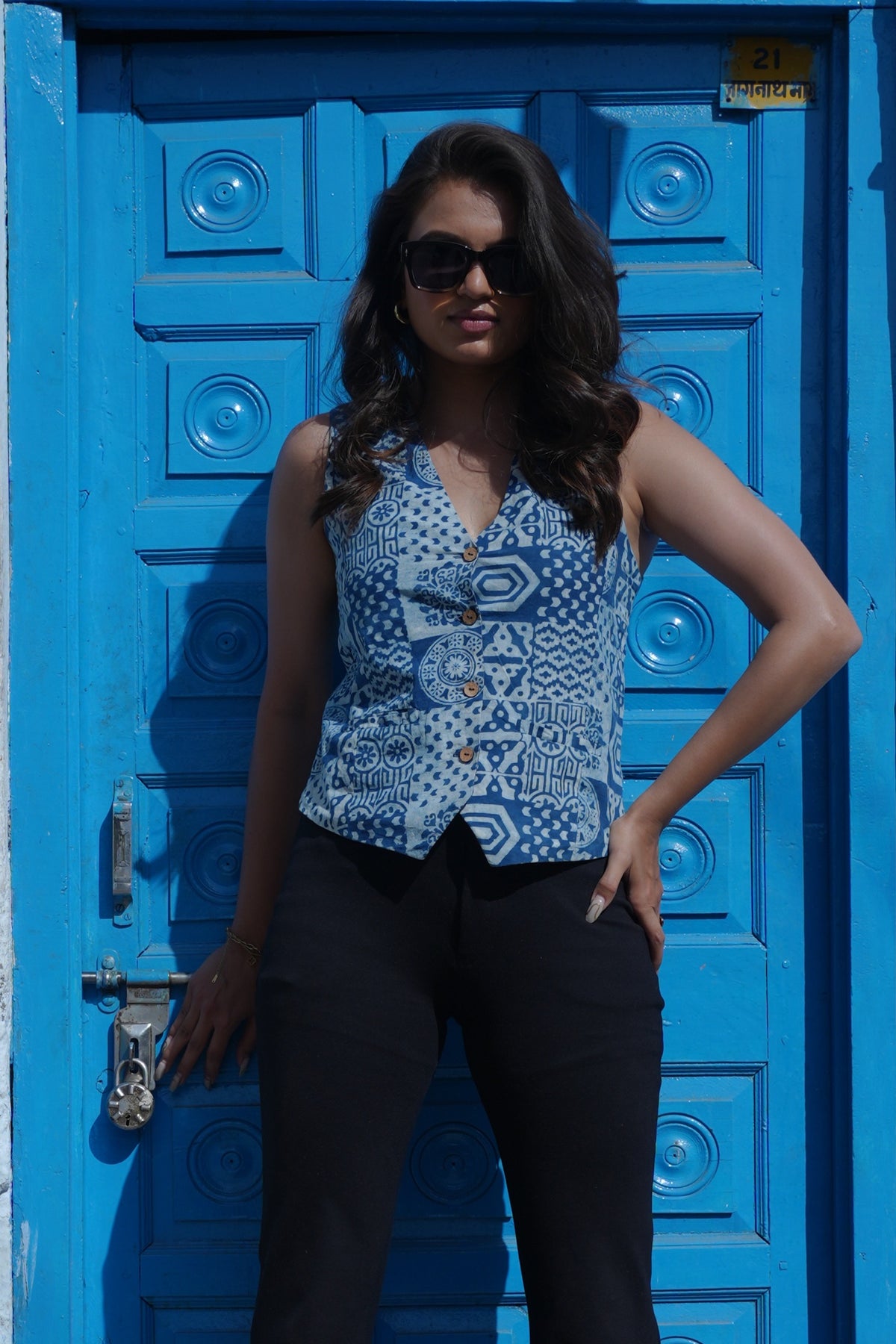 Aiyana Indigo Bagru Vest Top