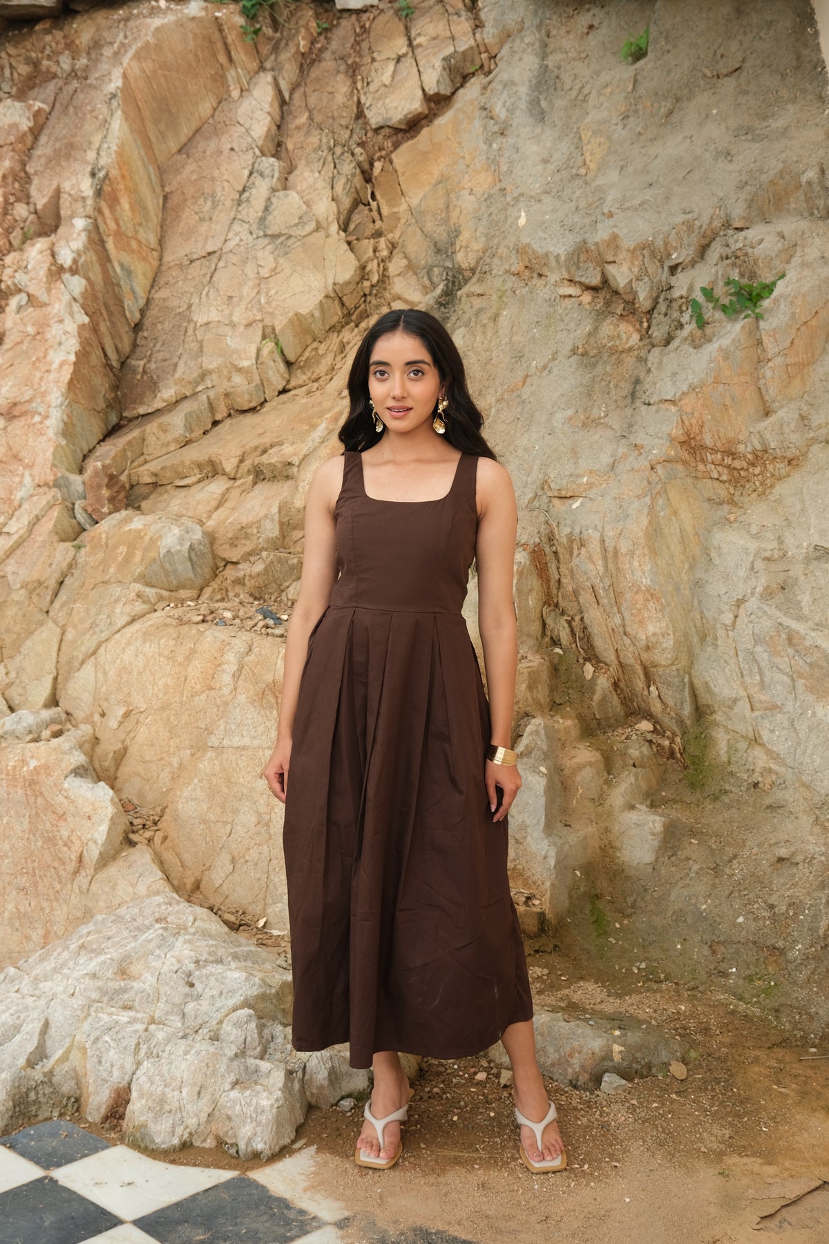 Pleated Midi Dress (Brown)