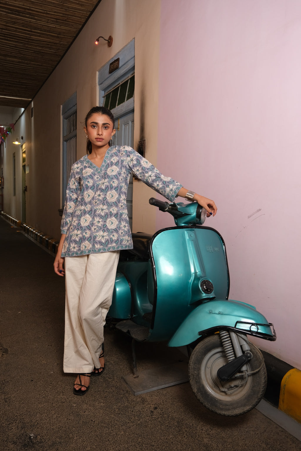 Border Short Kurti (Dusty Blue)