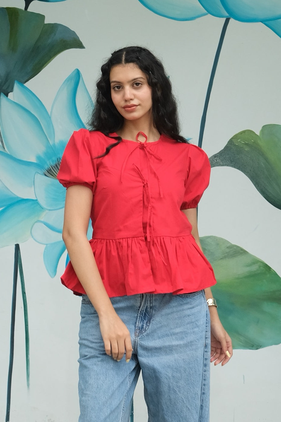 Tie-Up Peplum Top (Red)