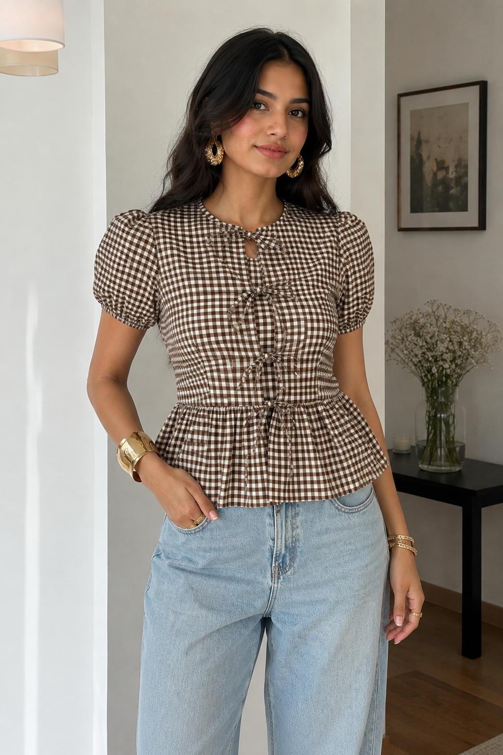 Tie-Up Peplum Top (Brown)
