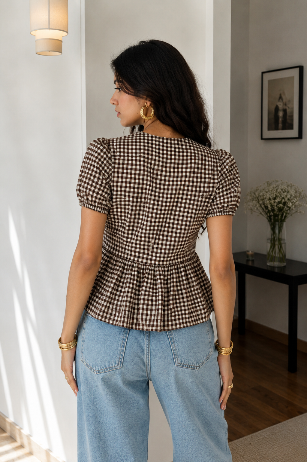 Tie-Up Peplum Top (Brown)