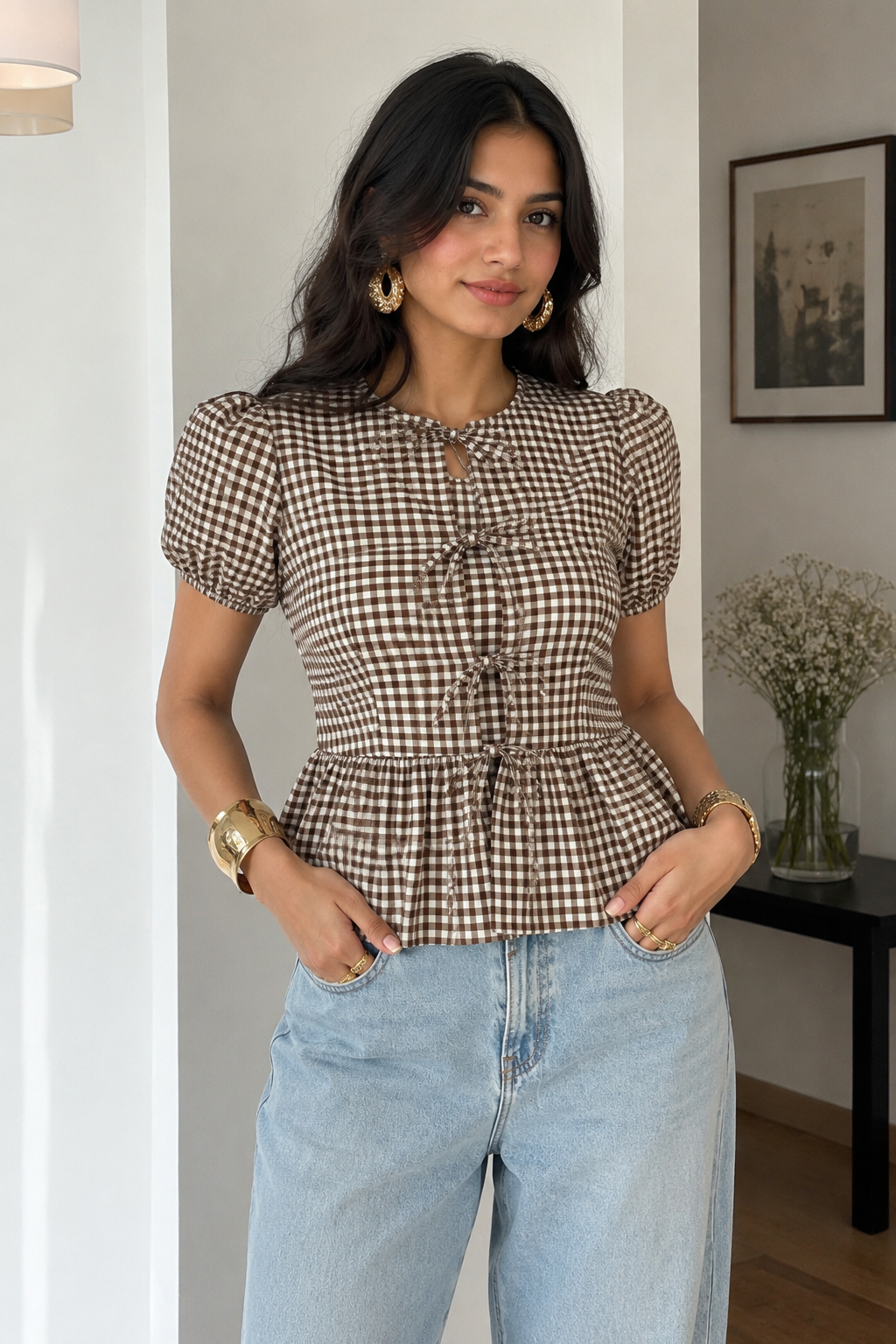 Tie-Up Peplum Top (Brown)