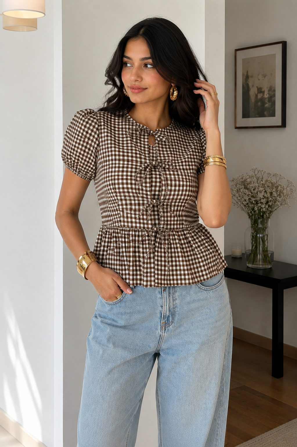 Tie-Up Peplum Top (Brown)