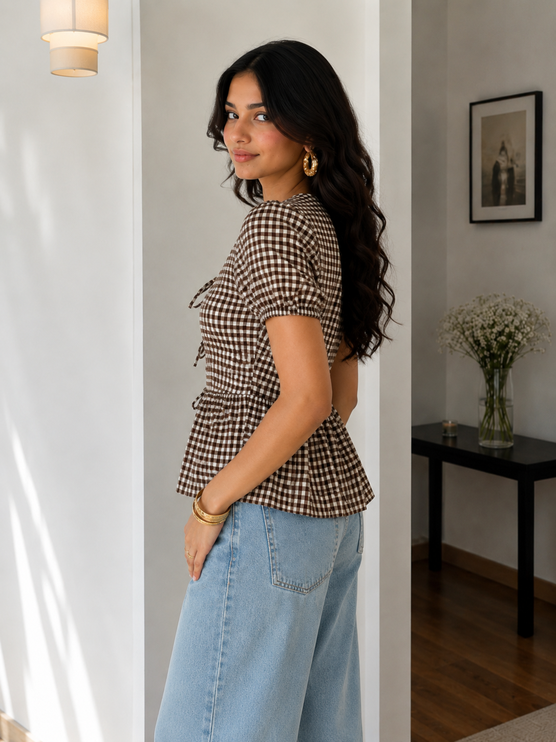 Tie-Up Peplum Top (Brown)