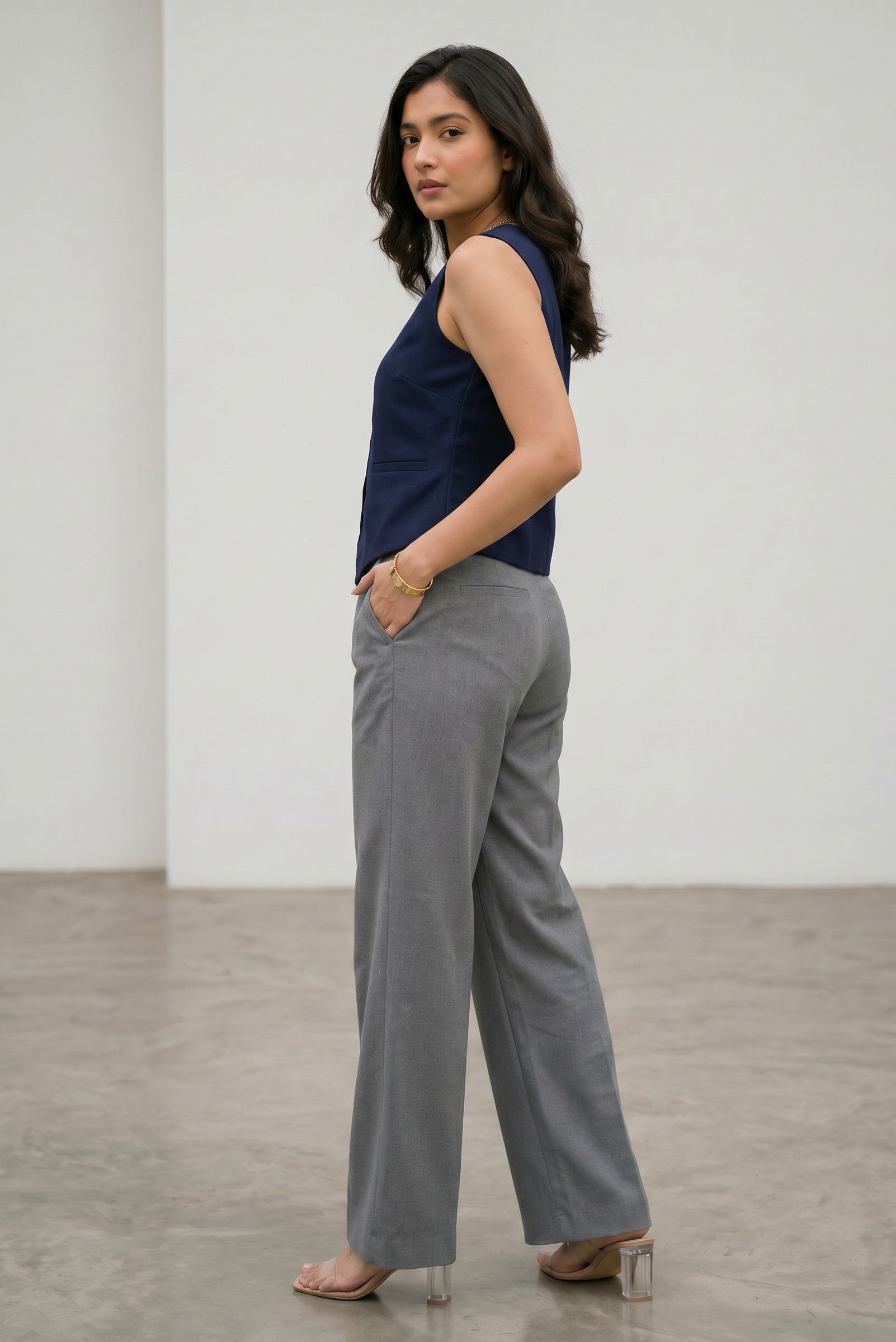 Pleated High-Rise Pants (Grey)